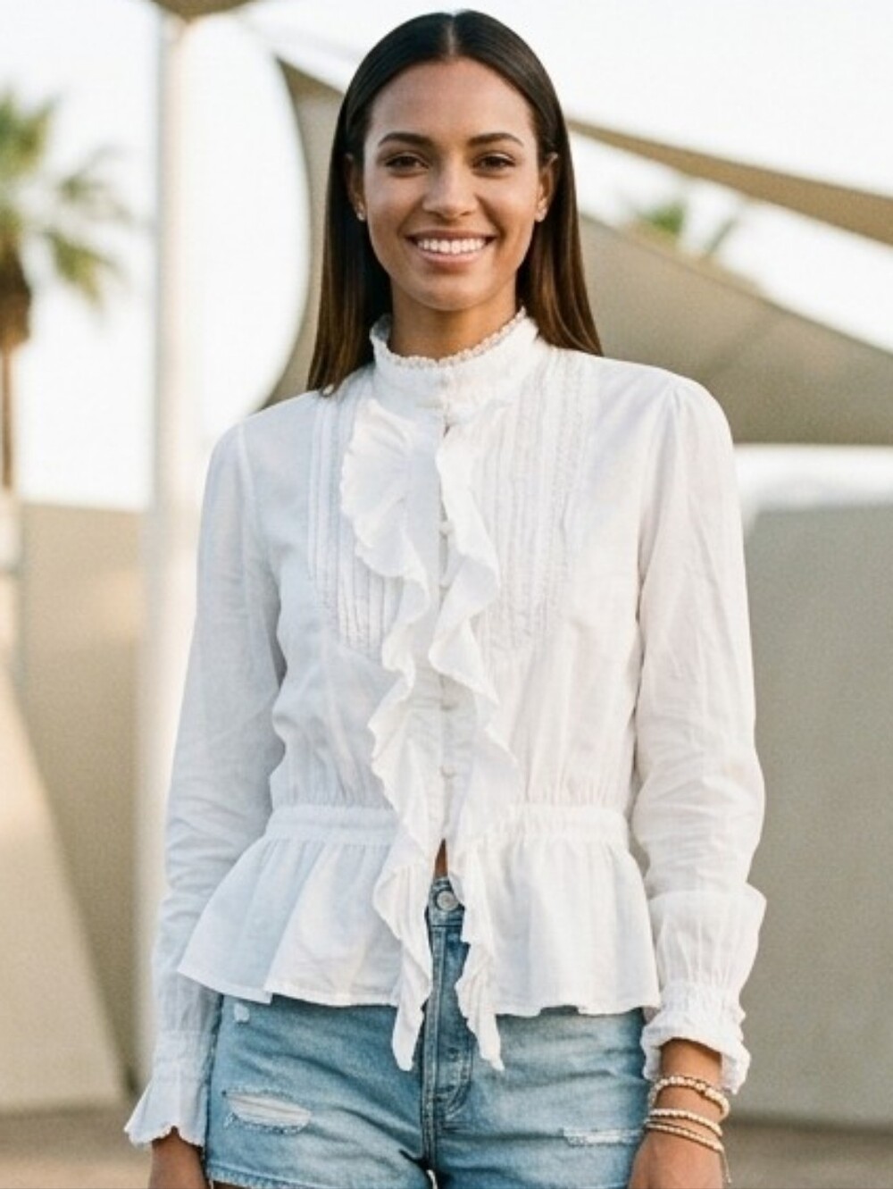 Victorian Romantic Boho White Ruffled Long Sleeve Top blouse medium